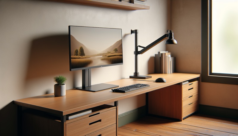 Invision MX450 Monitorarm in mattem Schwarz am Holzschreibtisch