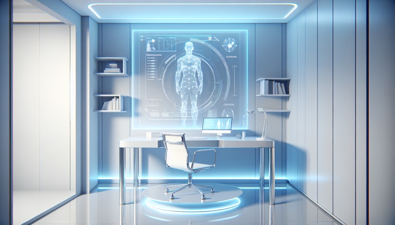 Futuristisches Homeoffice mit holographischer Haltungsanalyse