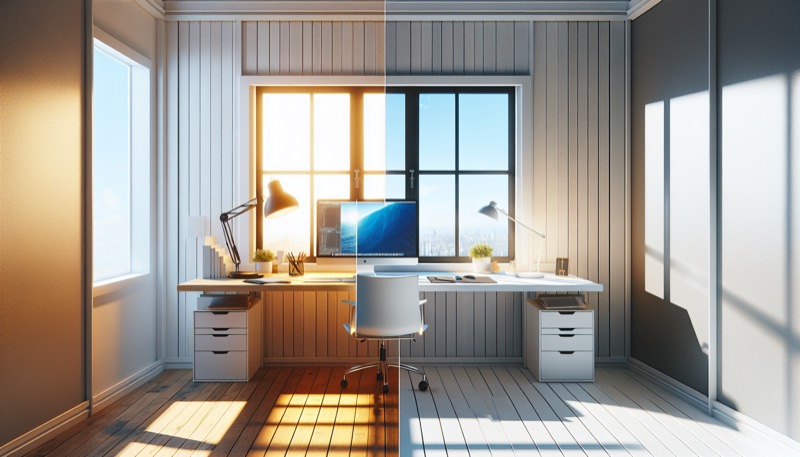 Homeoffice im Vergleich: Kühles Tageslicht morgens vs warmes Licht abends